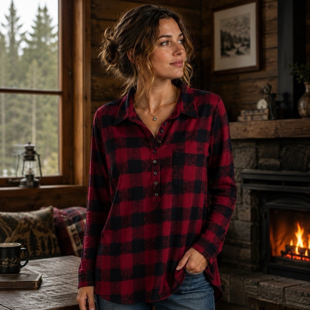 NEW Soft Surroundings Jersey Knit‎ Plaid Button Knit Tunic Camping Lumberjack XL